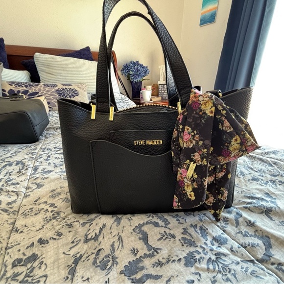 Steve Madden Black Tote Bag with Floral Scarf - Picture 5 of 5